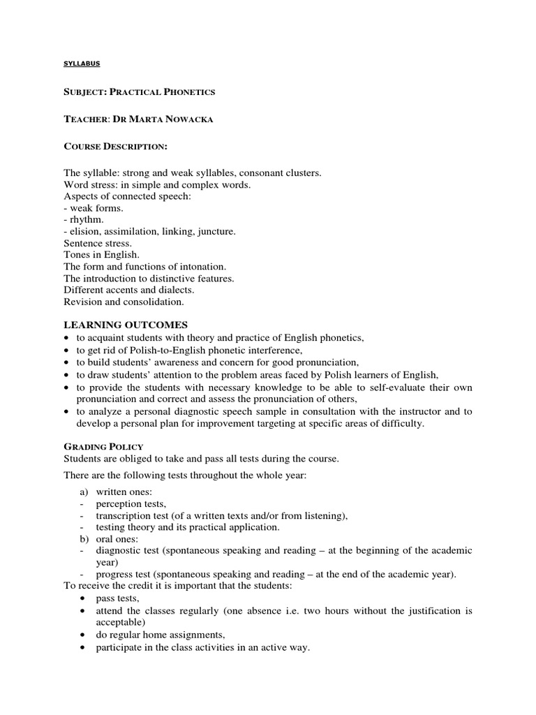 Practical Phonetics Course Syllabus | PDF | Speech | English Language