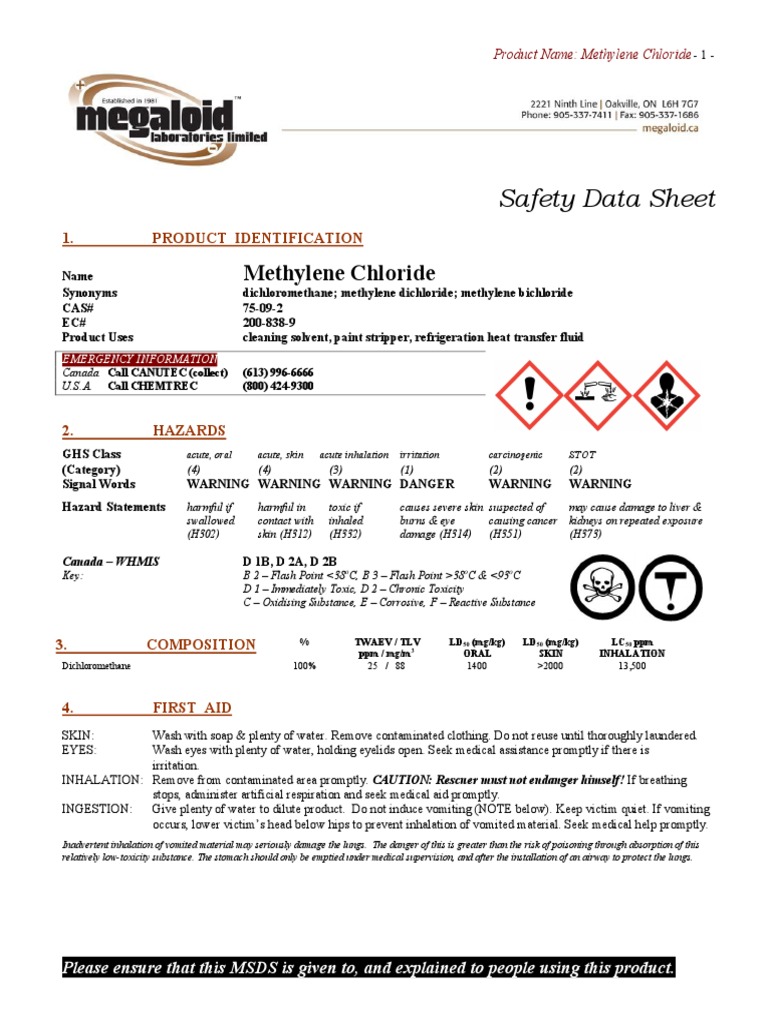 Methylene Chloride: Safety Data Sheet | PDF | Volatile Organic Compound |  Pesticide