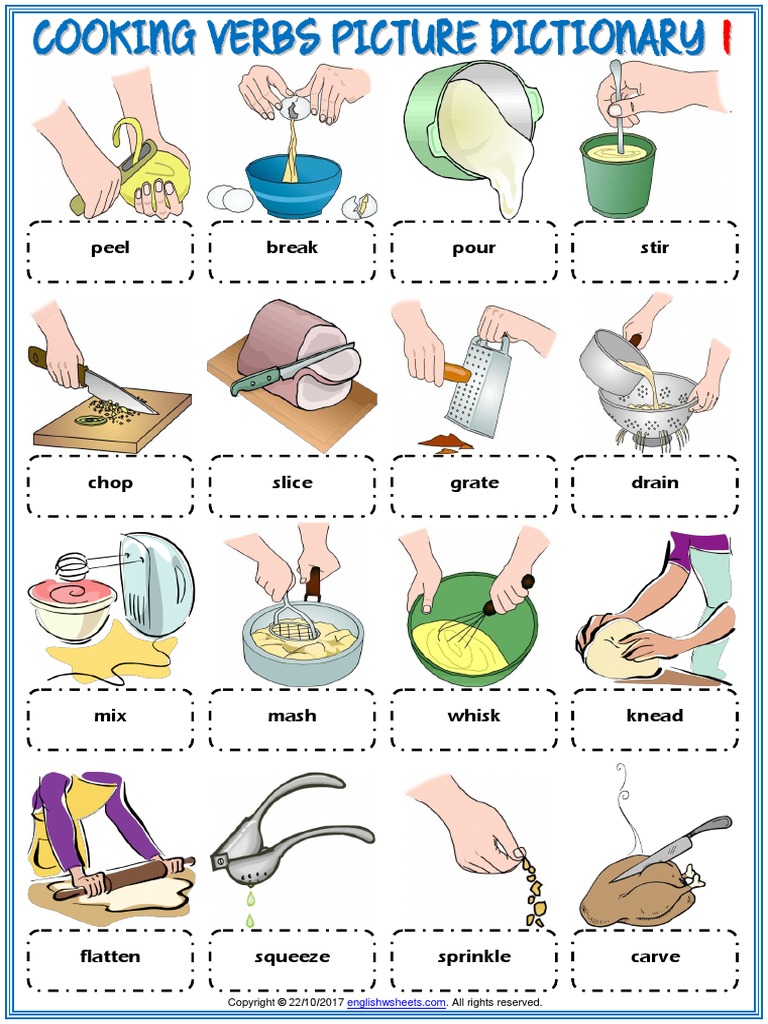 cooking verbs vocabulary esl picture dictionary worksheets for kids pdf home foods