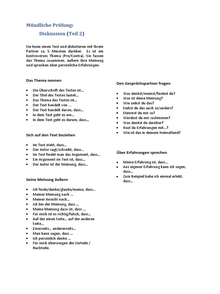 Mündliche Prüfung B2 Teil 2 Diskussion