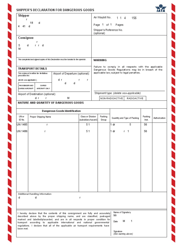 Shippers Declaration Column Format Fillable | PDF | Dangerous Goods | Cargo