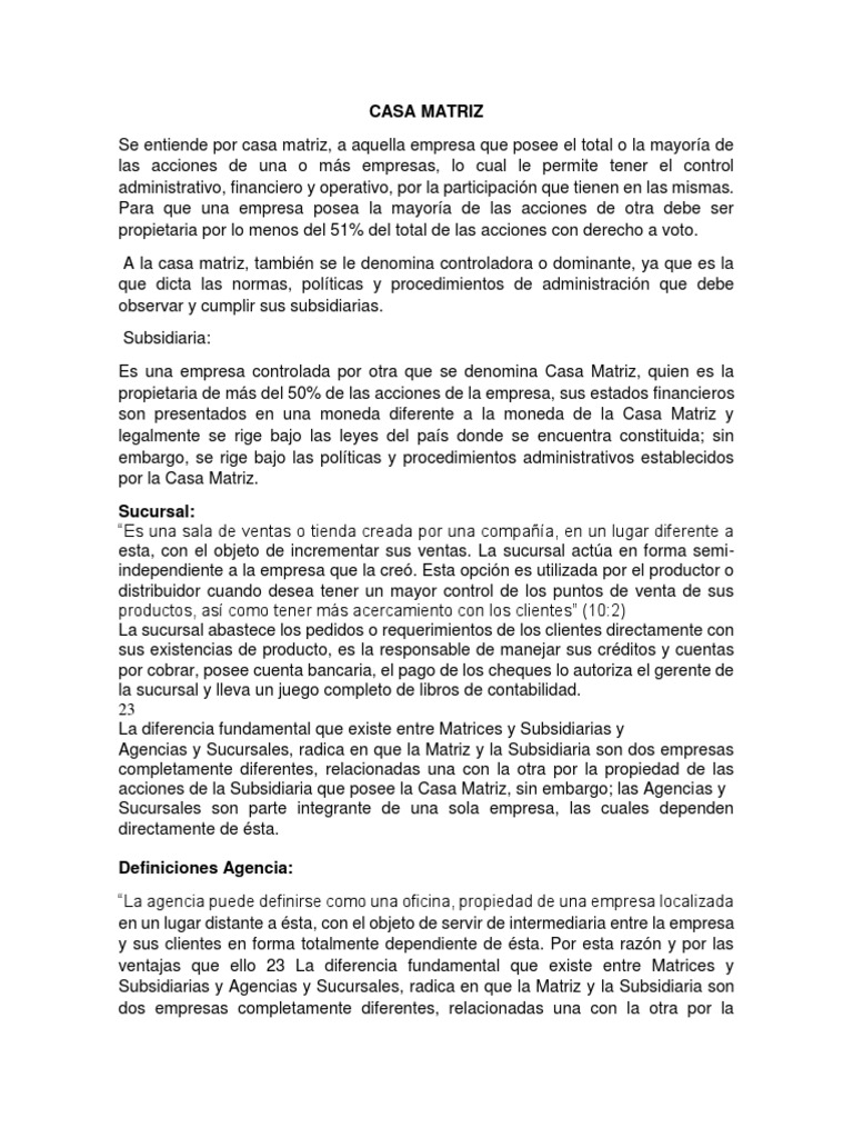 Definición y Función de la Casa Matriz | PDF | Tipo de cambio ...