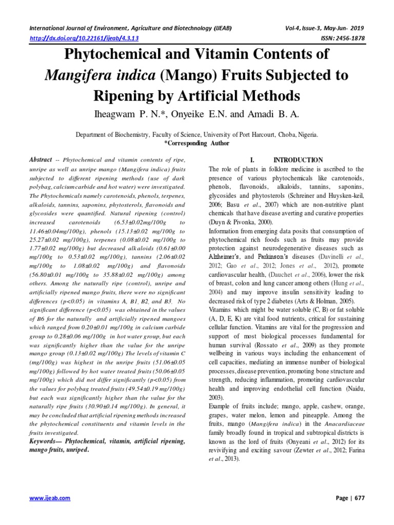 Phytochemical and Vitamin Contents of Mangifera Indica (Mango) Fruits