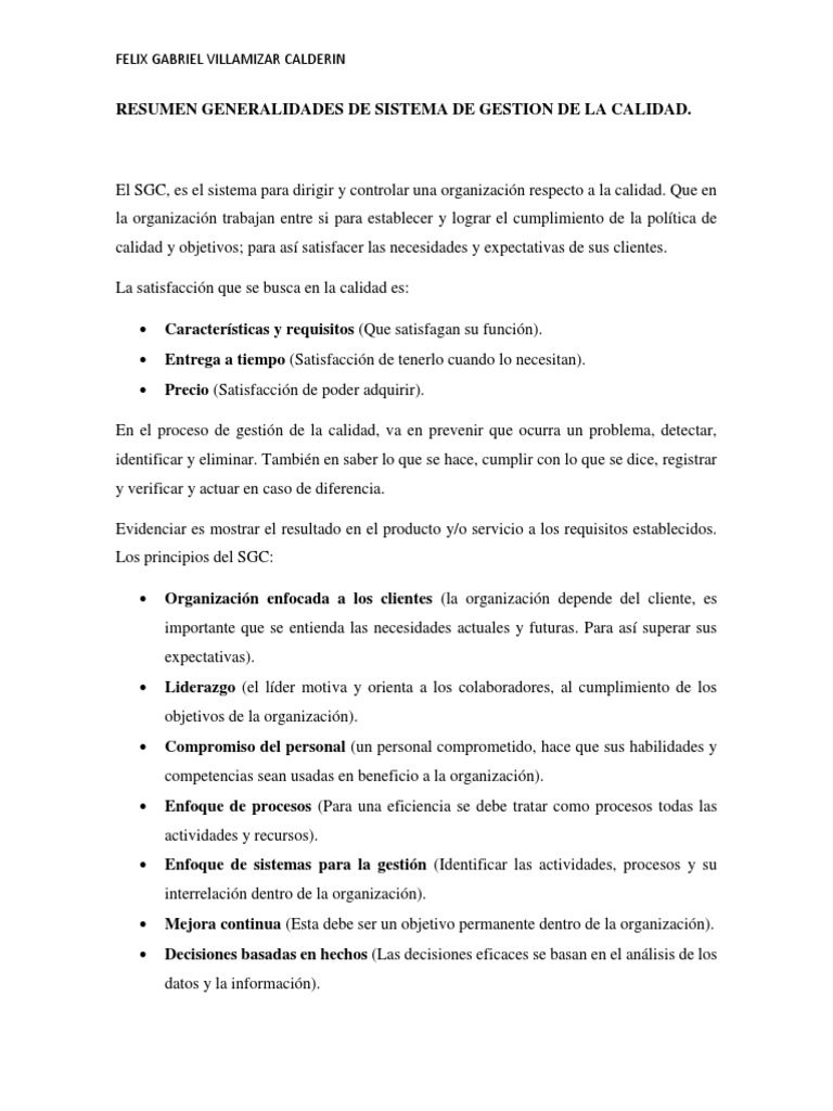 Resumen Generalidades de Sistema de Gestion de La Calidad | PDF ...