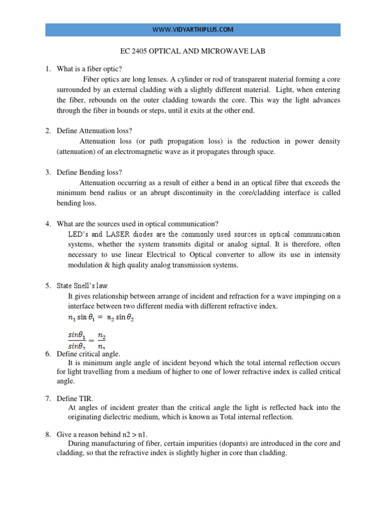 EC2405 Optical and Microwave Lab Viva PDF Optical Fiber