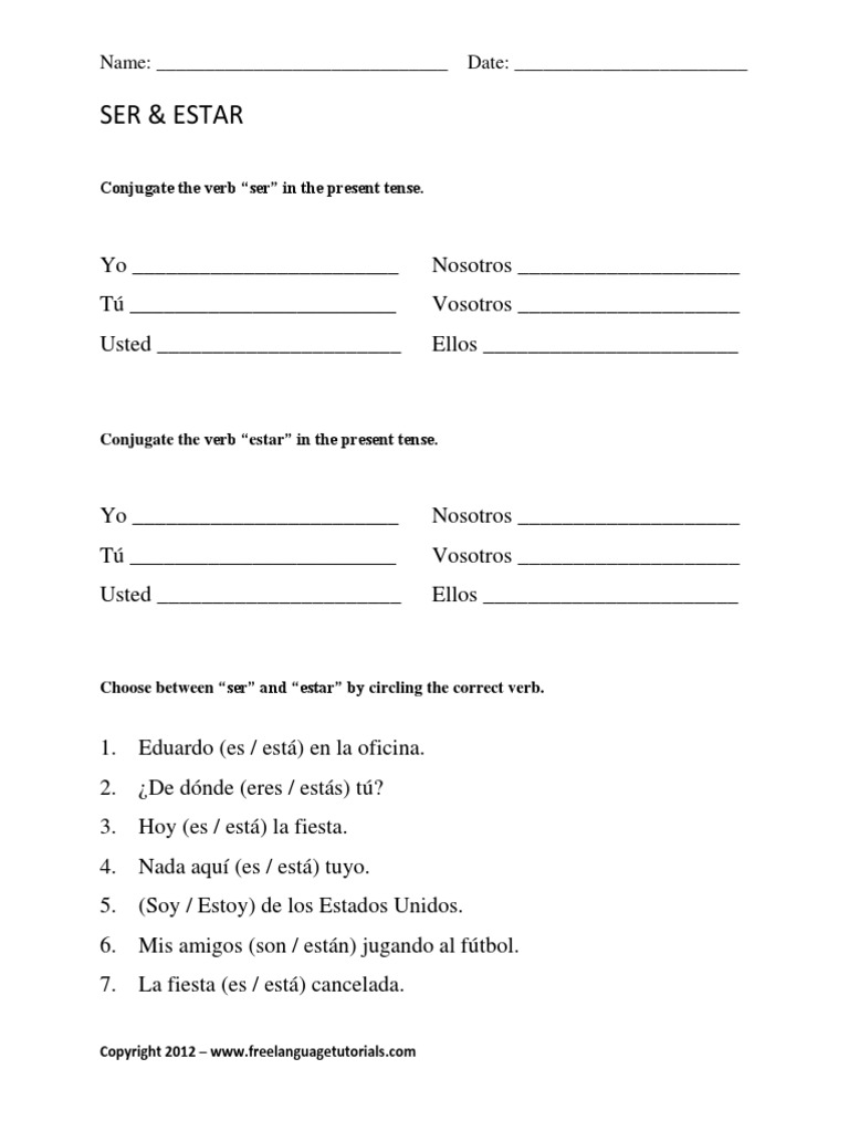 Ser and Estar Exercises PDF Deportes Ocio