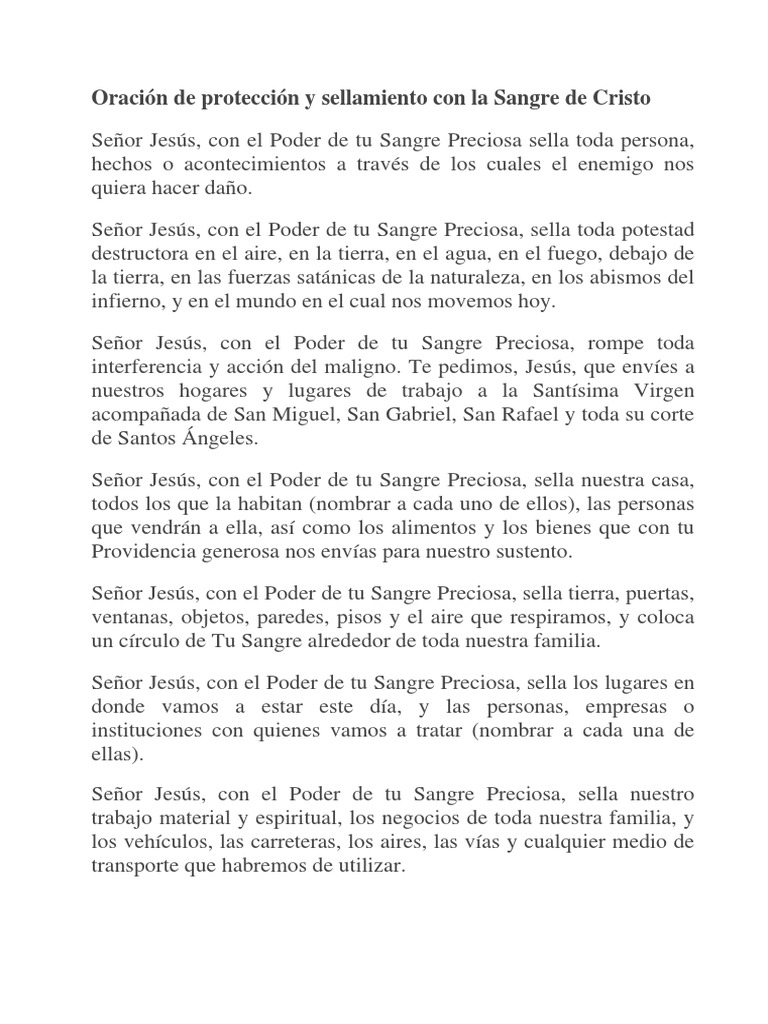 Oración De Protección Y Sellamiento Con La Sangre De Cristo Pdf