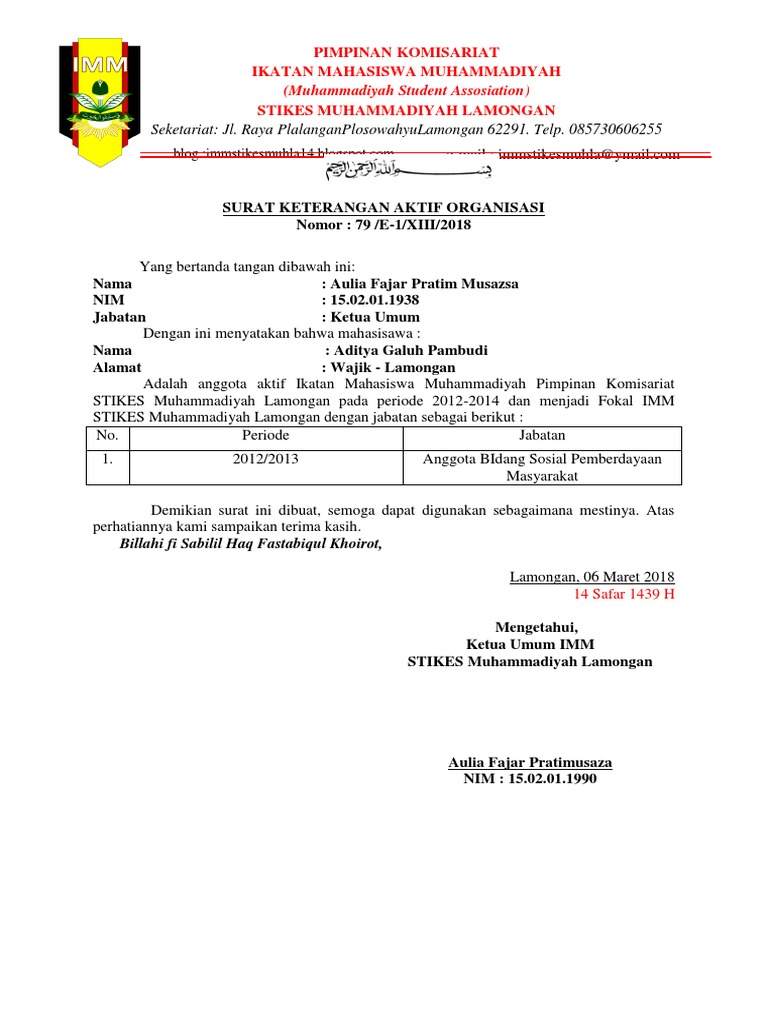 Surat Keterangan Aktif Anisasi Imm