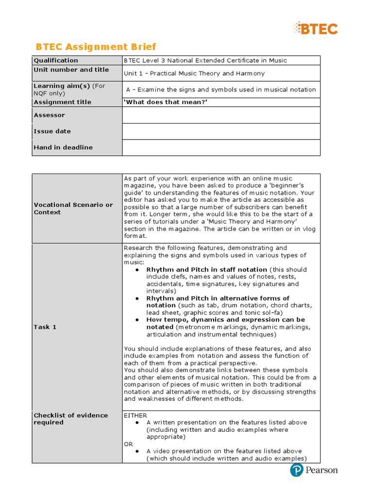 Unit 1 Authorised Assignment Brief For Learning Aim A Practical Music ...