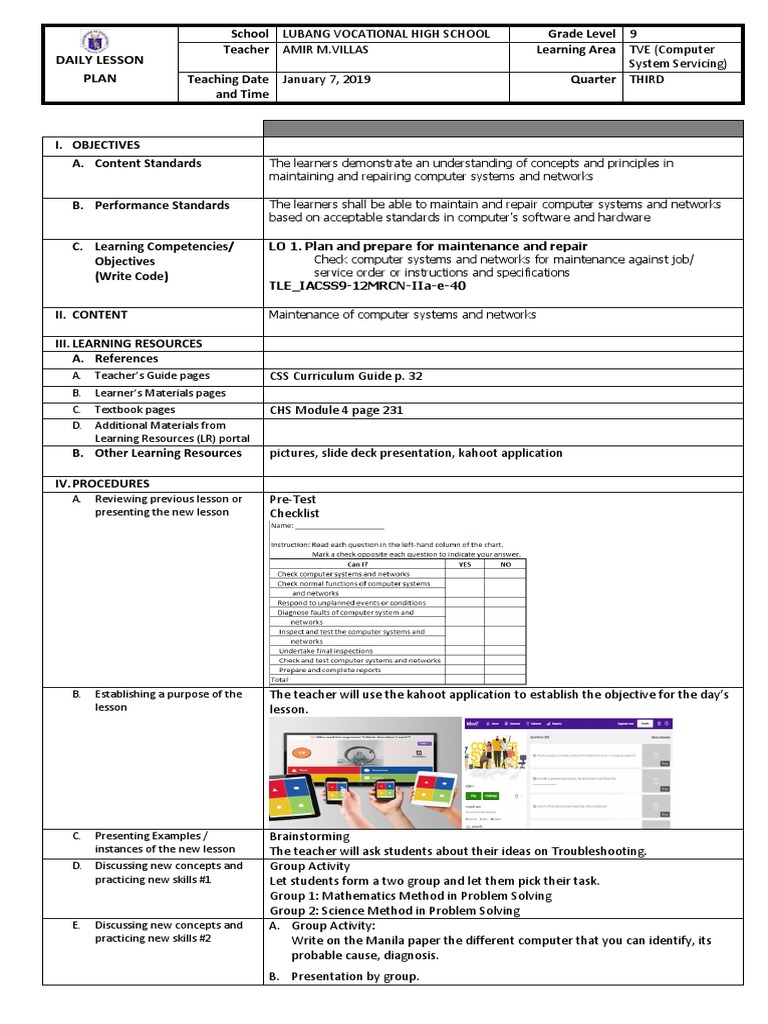 Computer Maintenance Lesson Plan | PDF | Teachers | Lesson Plan