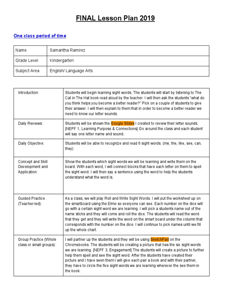 Kindergarten Sight Words Lesson Plan | PDF | Lesson Plan | Worksheet