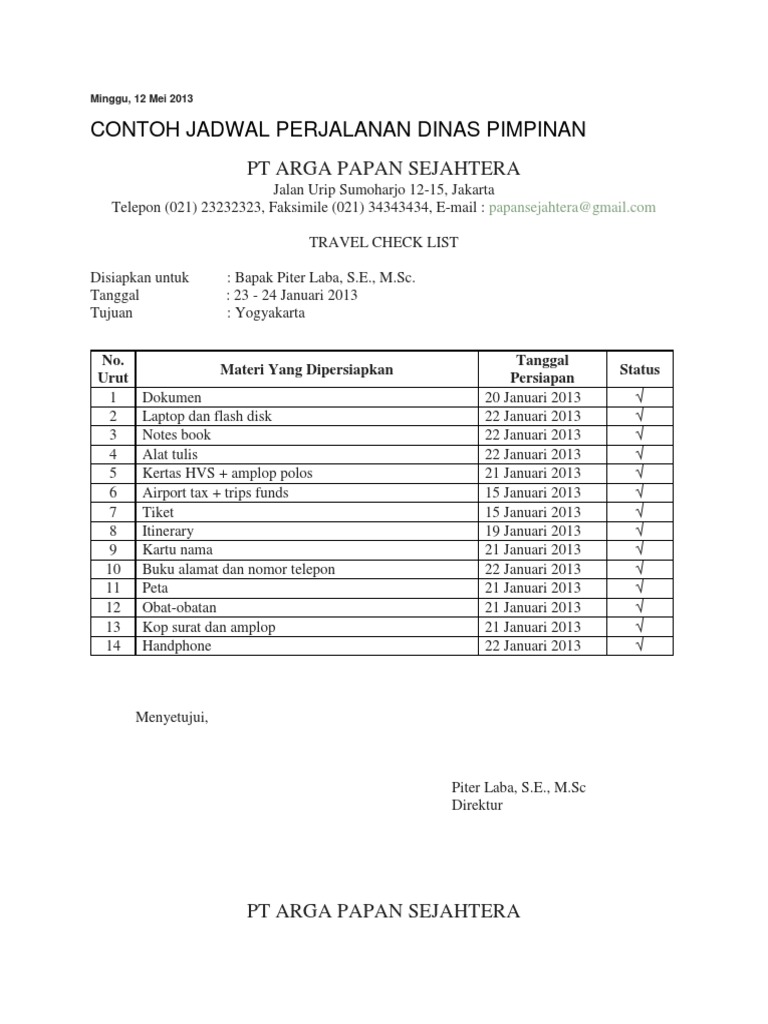 Contoh Jadwal Perjalanan Dinas Pimpinan