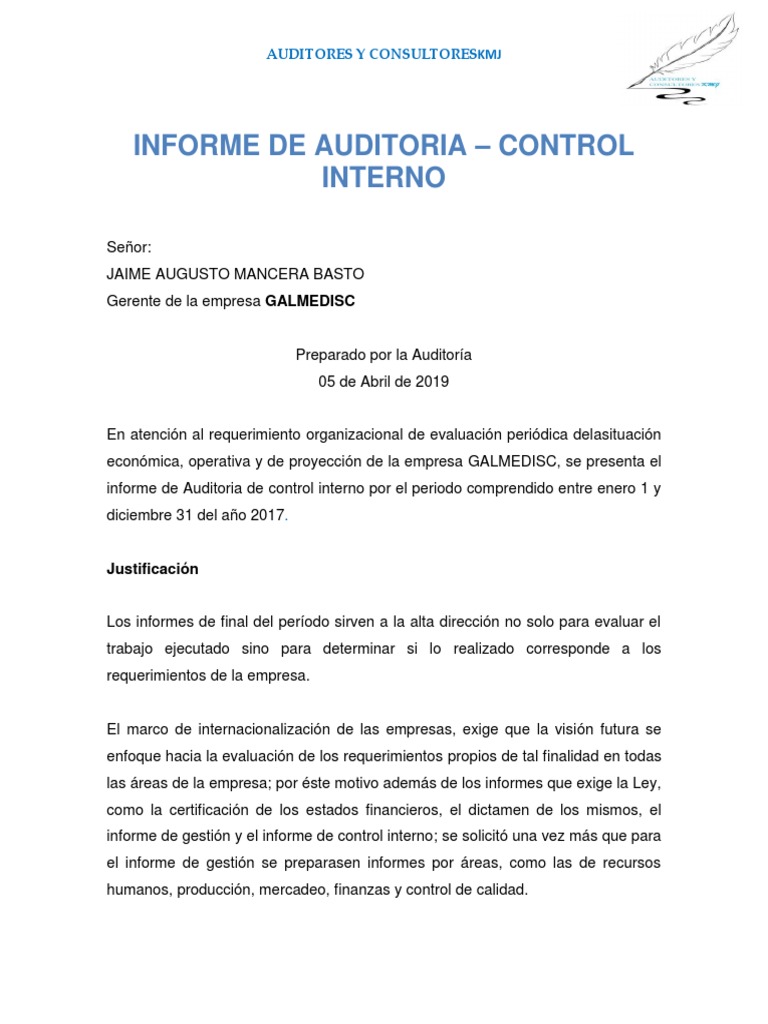 Informe De Auditoria Control Interno Auditoría Contabilidad