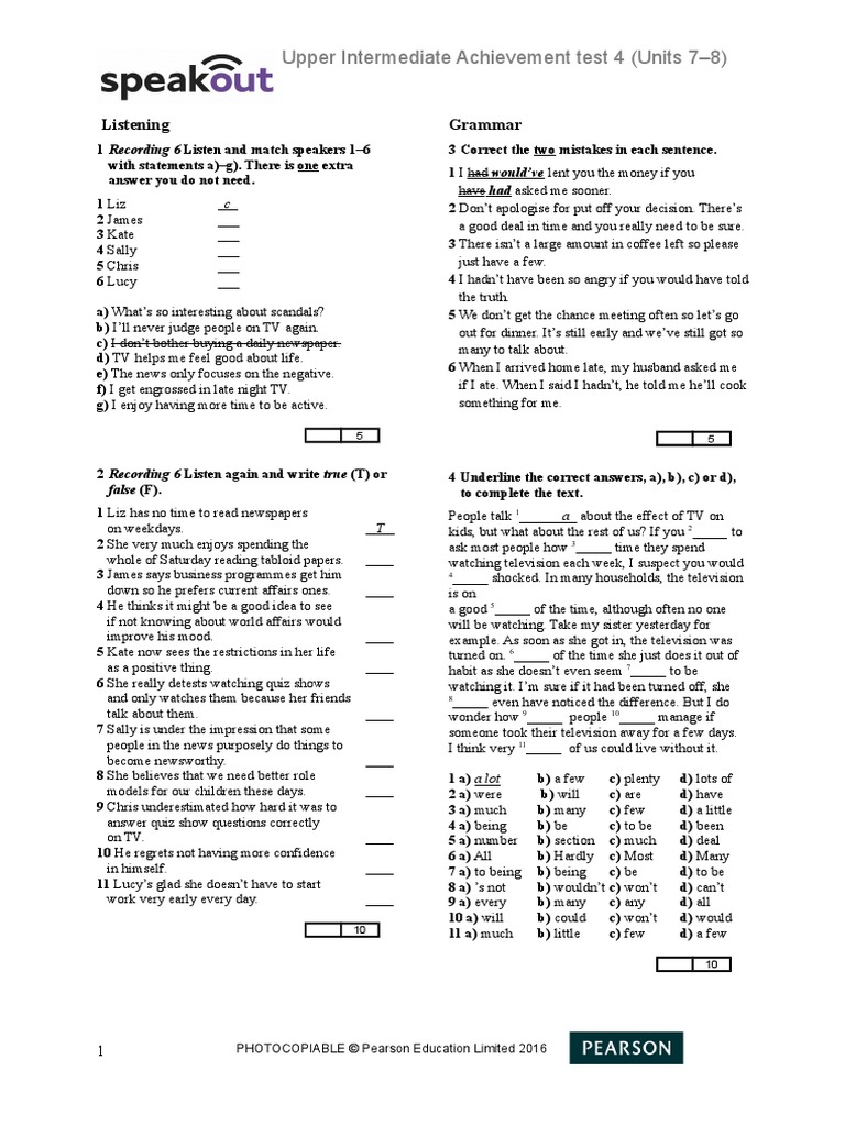 Upper Intermediate Achievement Test 4 Units 7 8 Listening Grammar