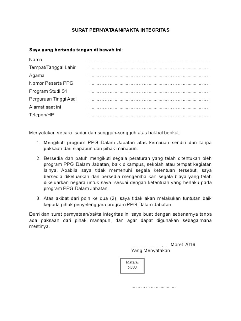 Surat Pernyataan Pakta Integritas