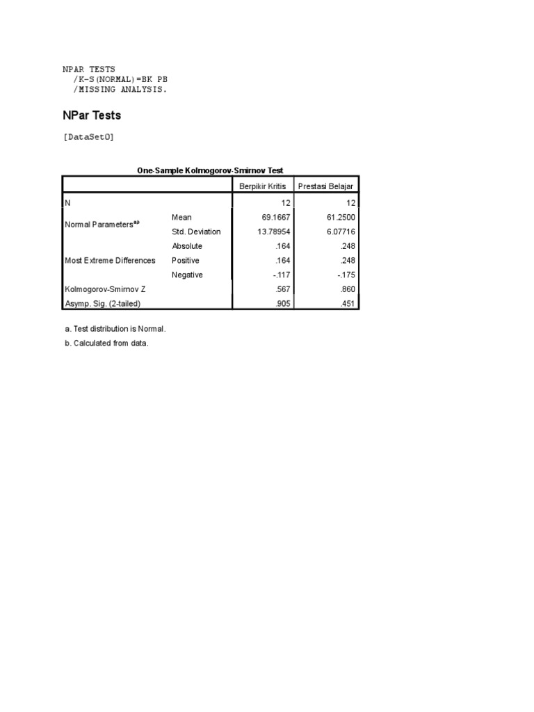 Npar Tests: Npar Tests /K-S (Normal) BK PB /missing Analysis | PDF