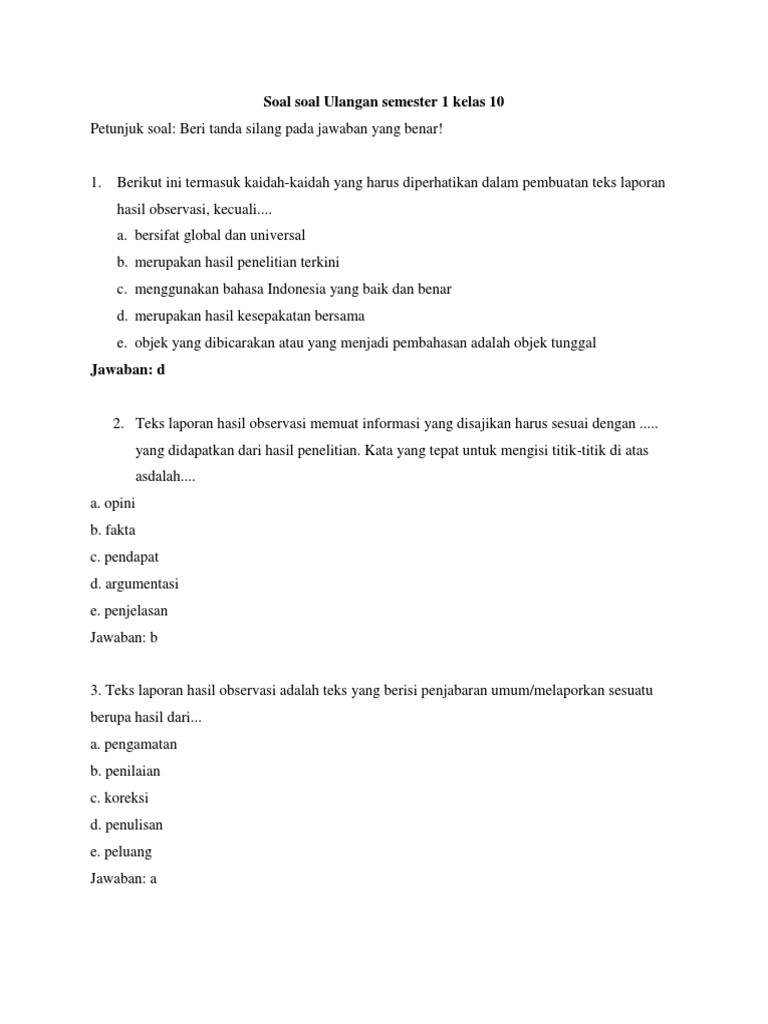 Kumpulan Soal Ulangan Semester 1 Kelas 10