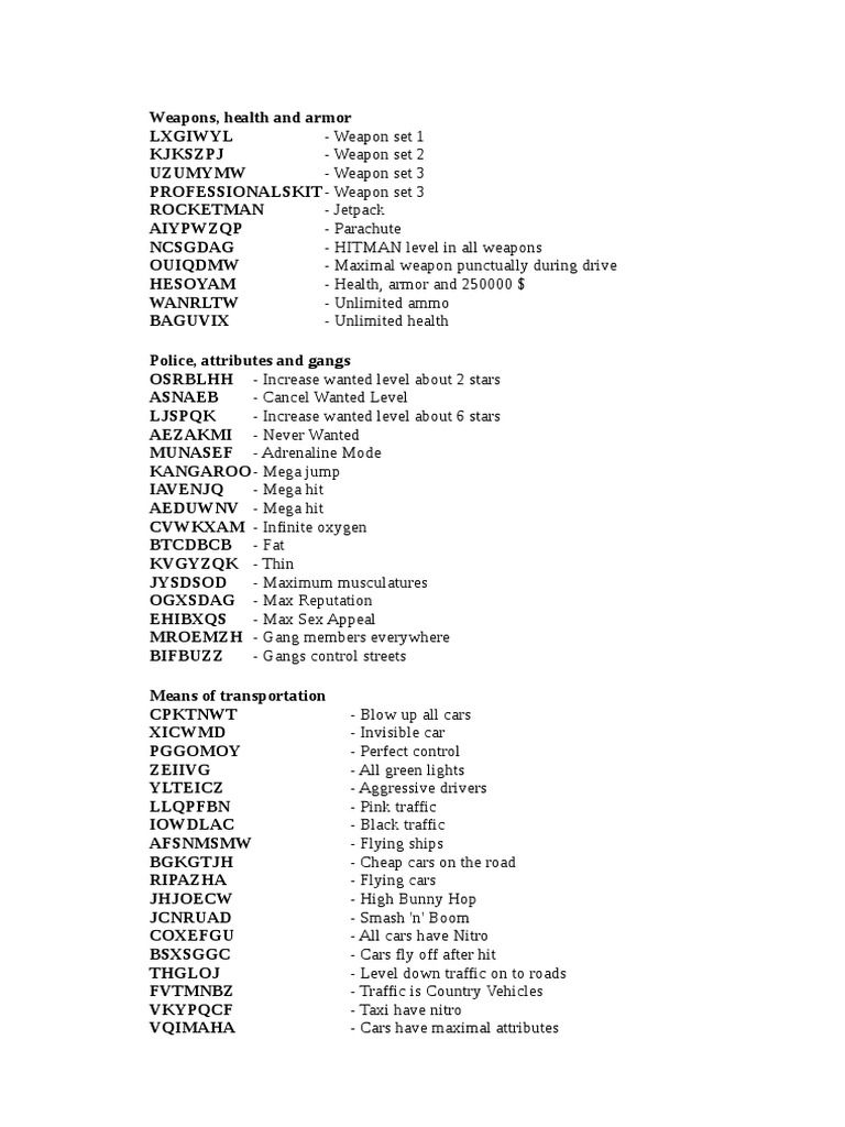 Weapons Health Armor And Vehicle Cheats For GTA San Andreas PDF 1714090614