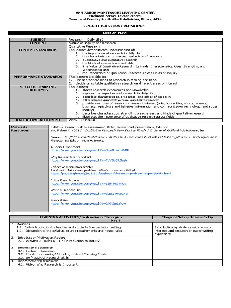Research-Based Lesson Plan Overview | PDF | Qualitative Research ...