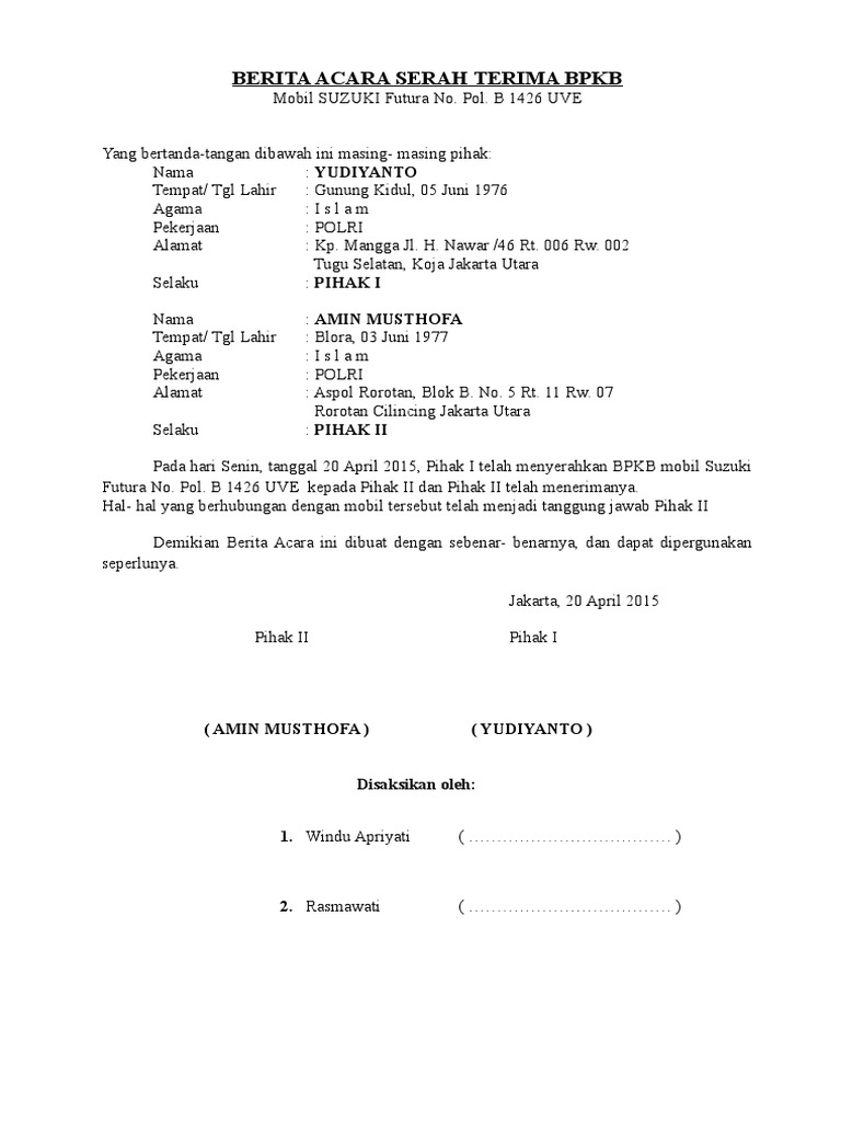 Berita Acara Serah Terima Bpkb Pdf