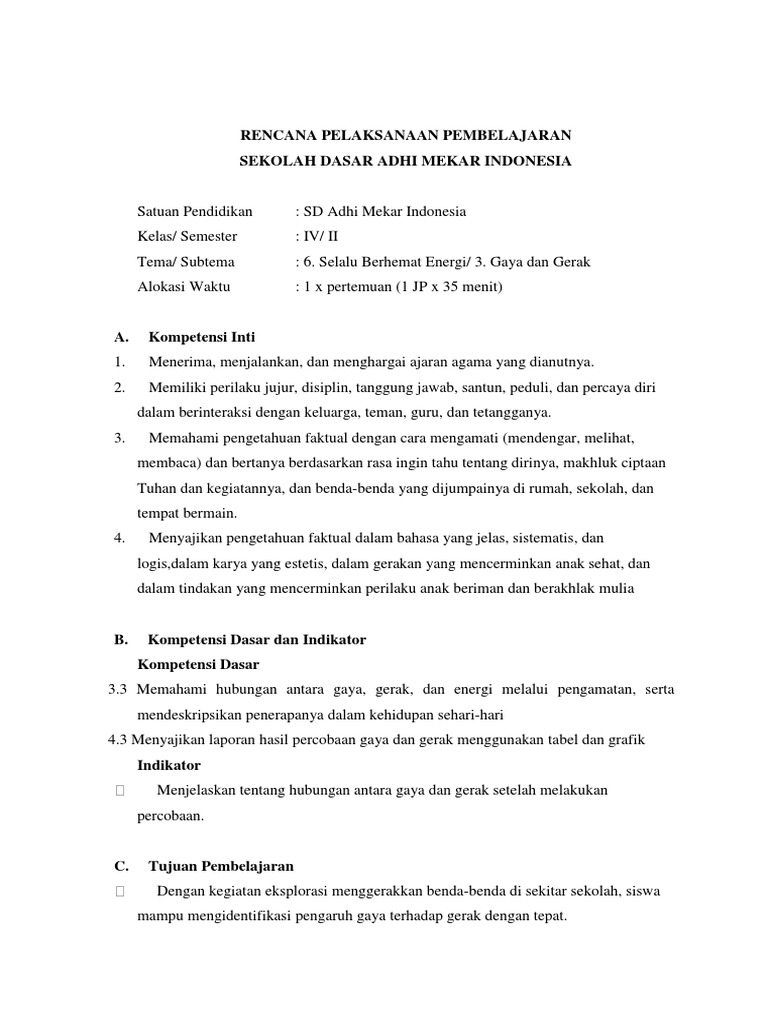 Rpp Tematik Kelas Iv Subtema Gaya Dan Ge