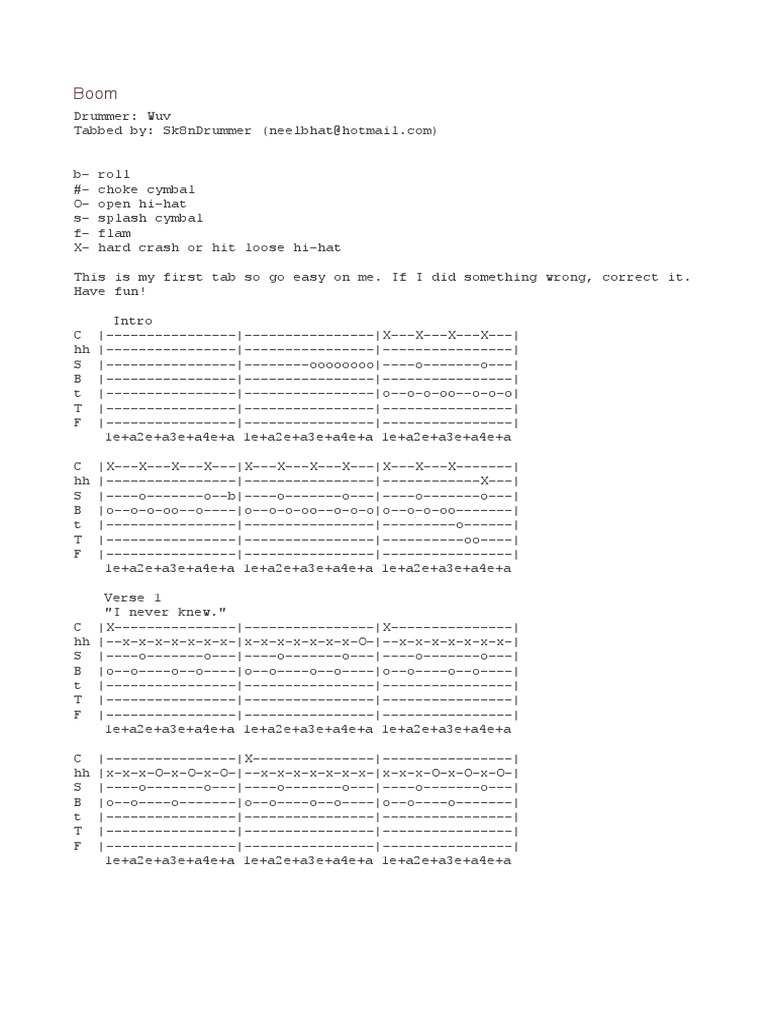 Boom P O D Drum Notes PDF Drum Kit Musical Instruments