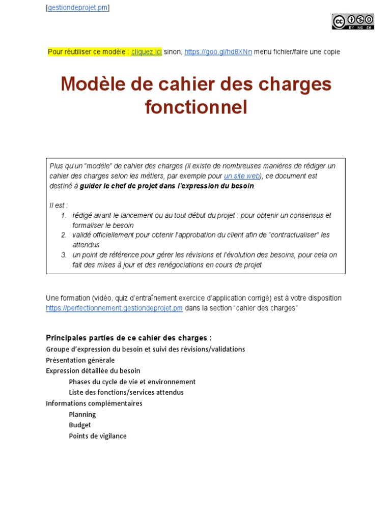 Cahier Des Charges Fonctionnel [Gestiondeprojet.pm] Modèle Public