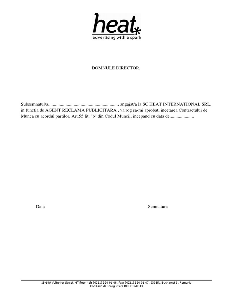 Model Cerere Incetare Contract