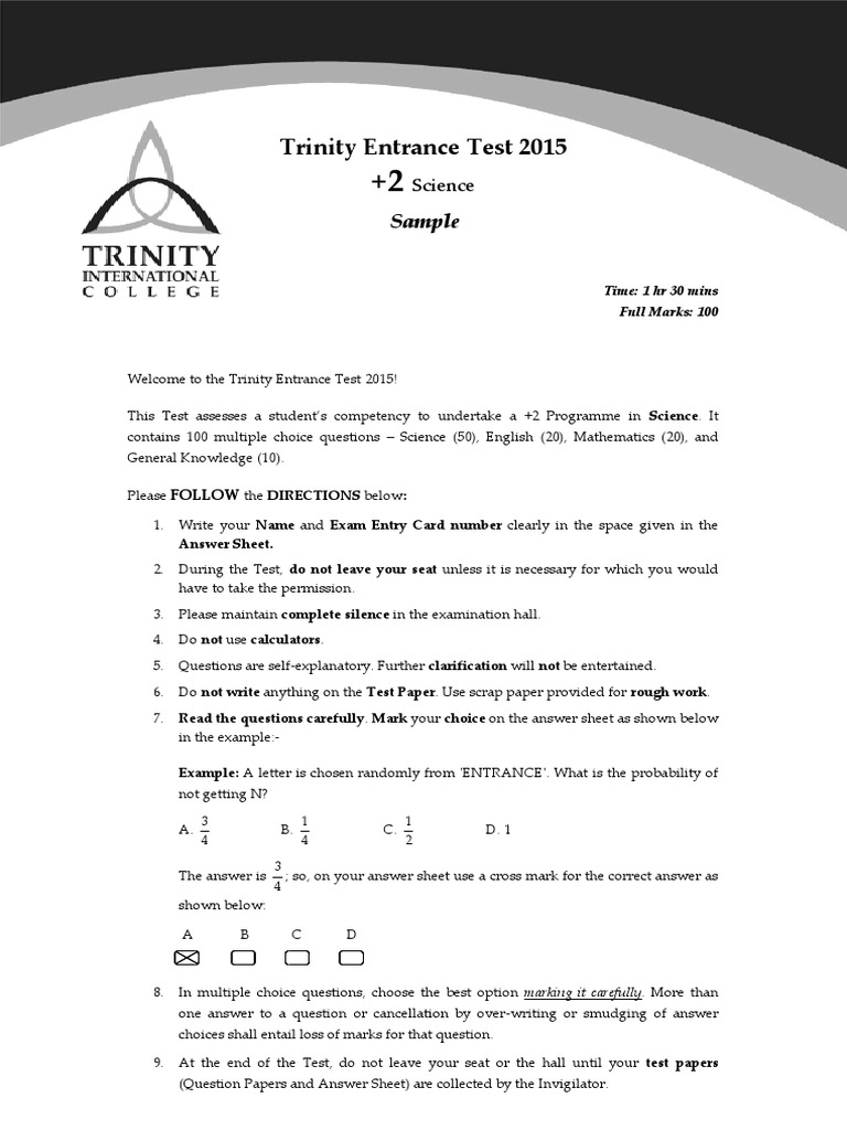 Trinity Entrance Test 2015: Sample | PDF | Chemical Elements | Chemical ...