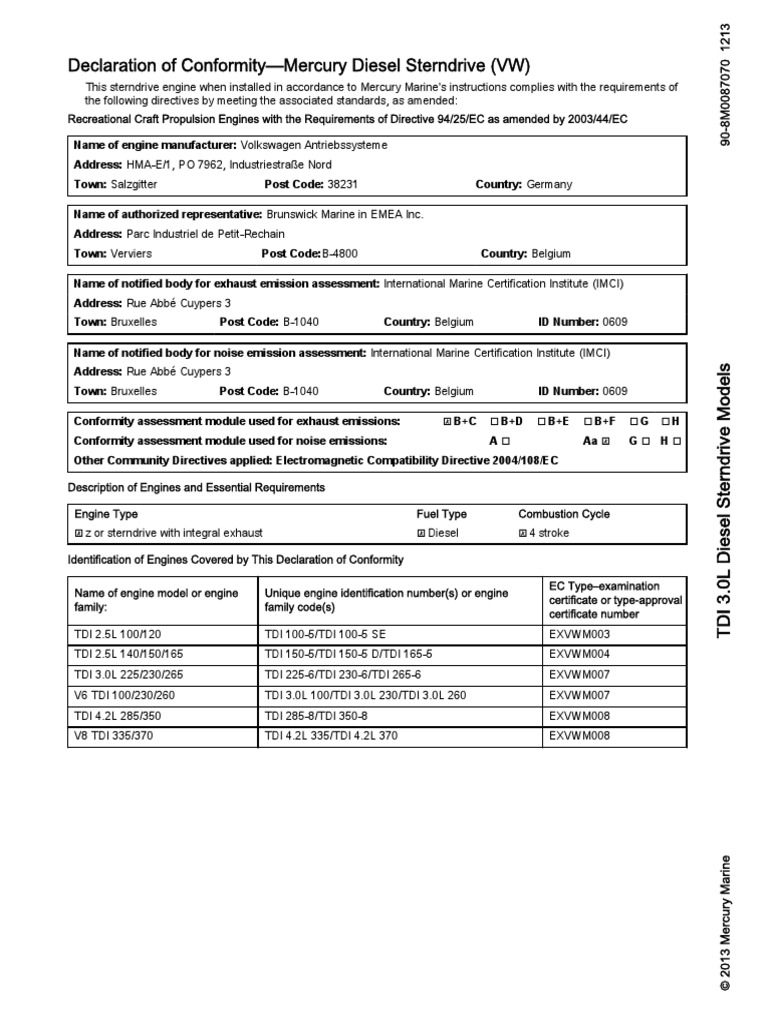 Declaration of Conformity-Mercury Diesel Sterndrive (VW) | PDF | Motor ...