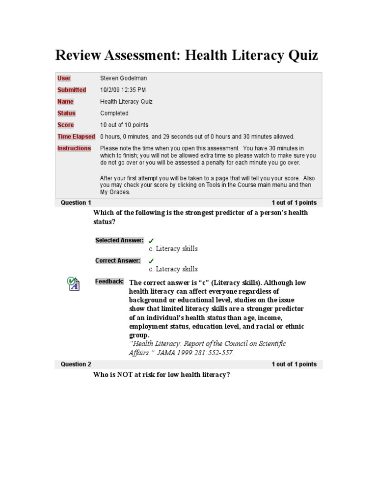 Health Literacy Quiz PDF Health Care Literacy