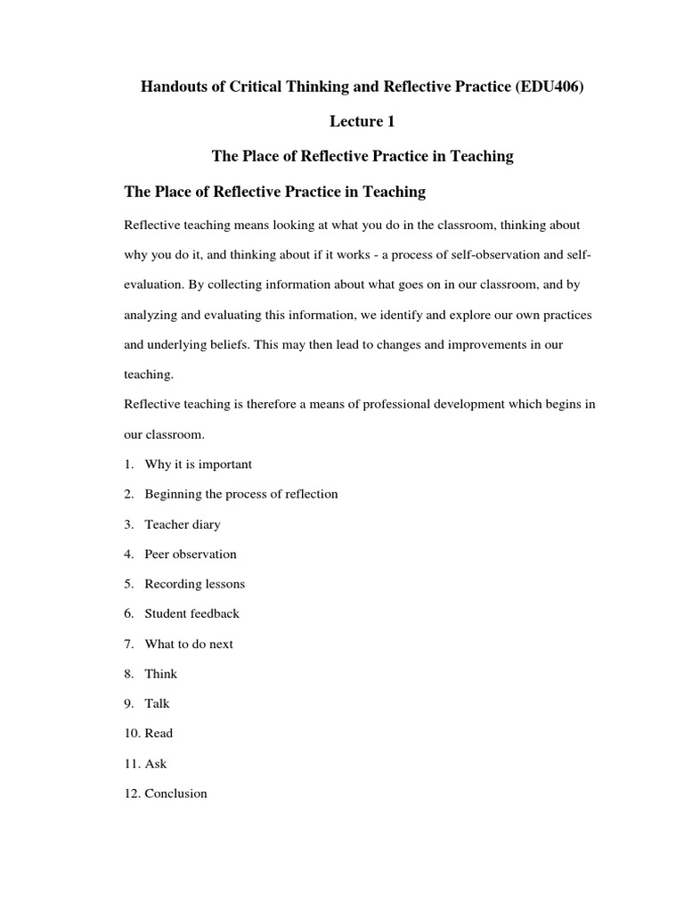 Reflective Practice in Teaching (EDU406) | PDF | Reflective Practice ...