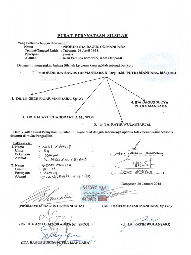 Surat Pernyataan Silsilah Keluarga Tahun 2015 Prof Dr Ibg Manuaba
