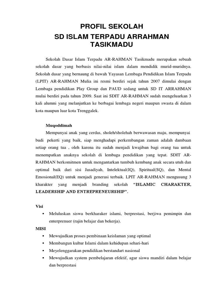 Profil Sekolah Sd Islam Terpadu Arrahman Tasikmadu Muqoddimah