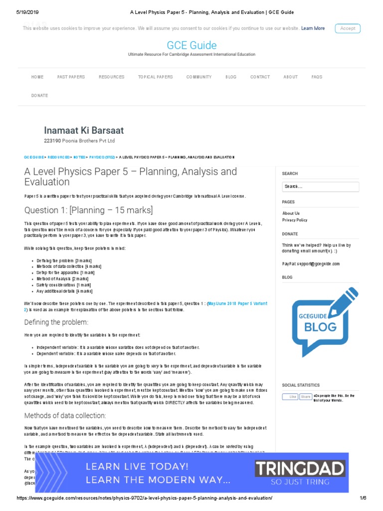 A Level Physics Paper 5 Planning Analysis And Evaluation Gce Guide Dependent And Independent Variables Electric Current