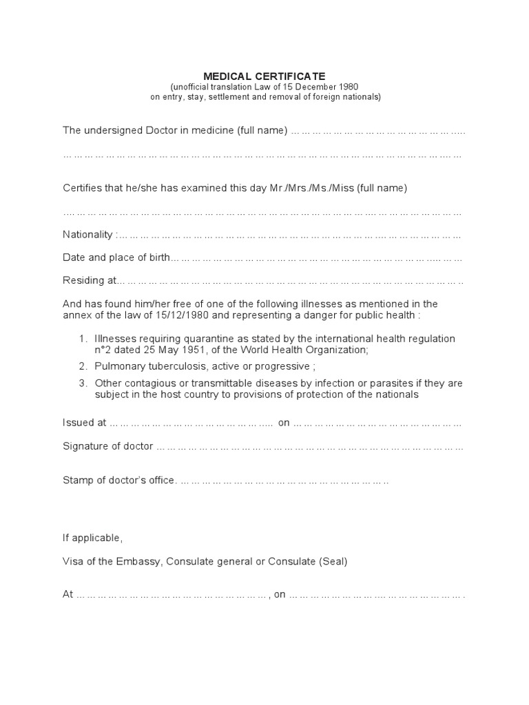 Medical Certificate For Visa PDF