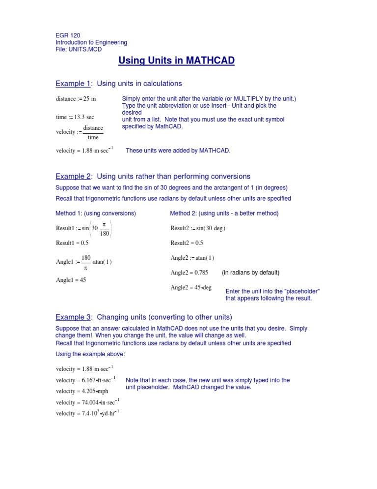 Using Units in MathCAD Calculations | PDF