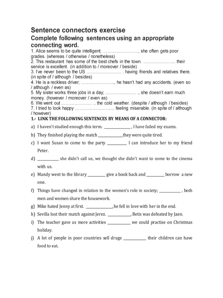 Sentence Connectors Exercise