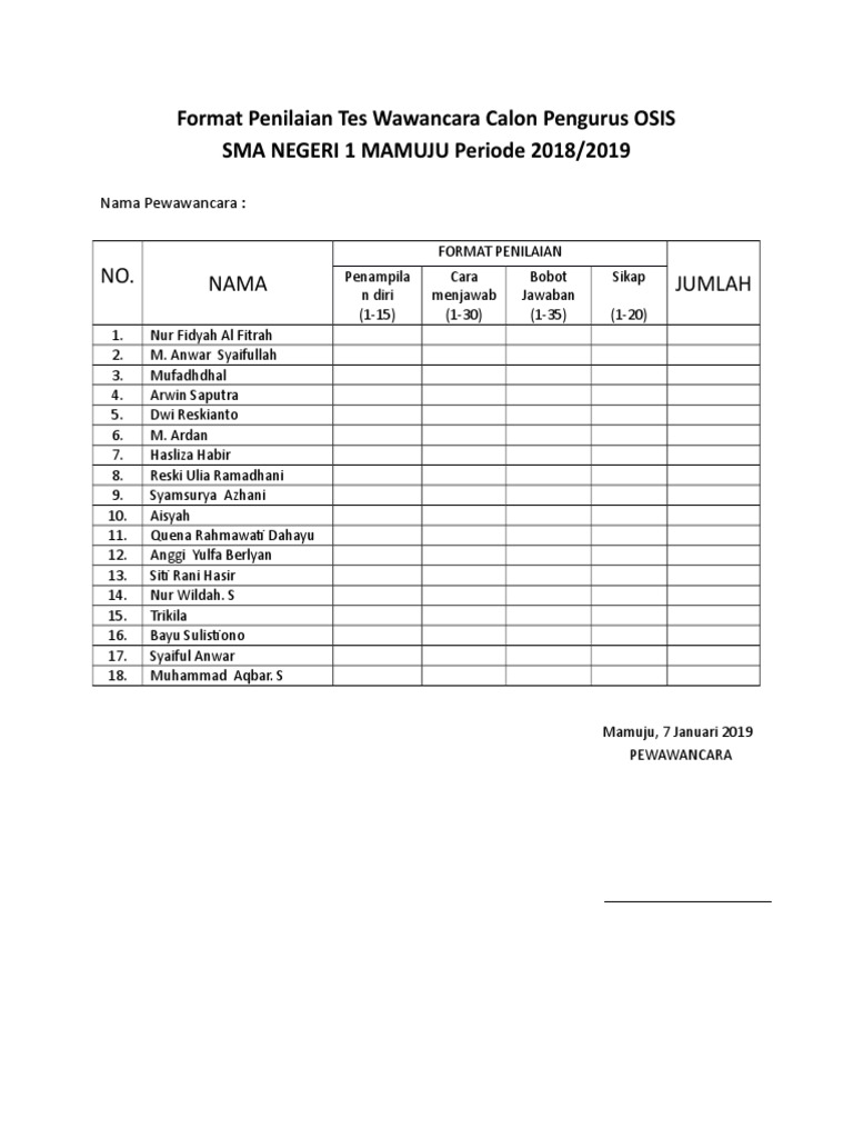 Format Penilaian Interview Osis Guru Paud