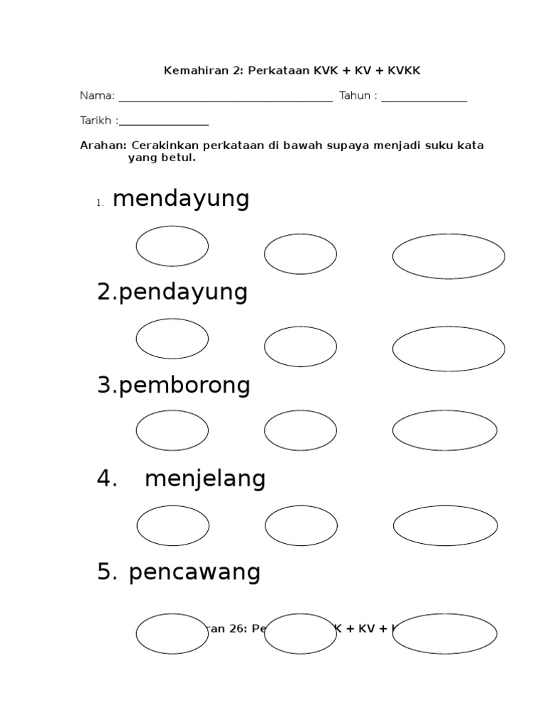 Lembaran Kerja Kemahiran 26 Perkataan Kvk Kv Kvkk Pdf