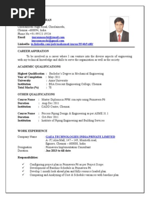 Printable Resume for Mechanical Engineer