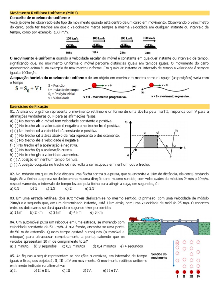 Exercícios sobre Movimento Retilíneo Uniforme | PDF | Velocidade ...