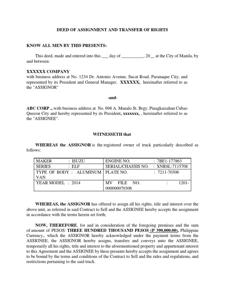 Deed of Transfer With Assignment of Rights of Motor Vehicle