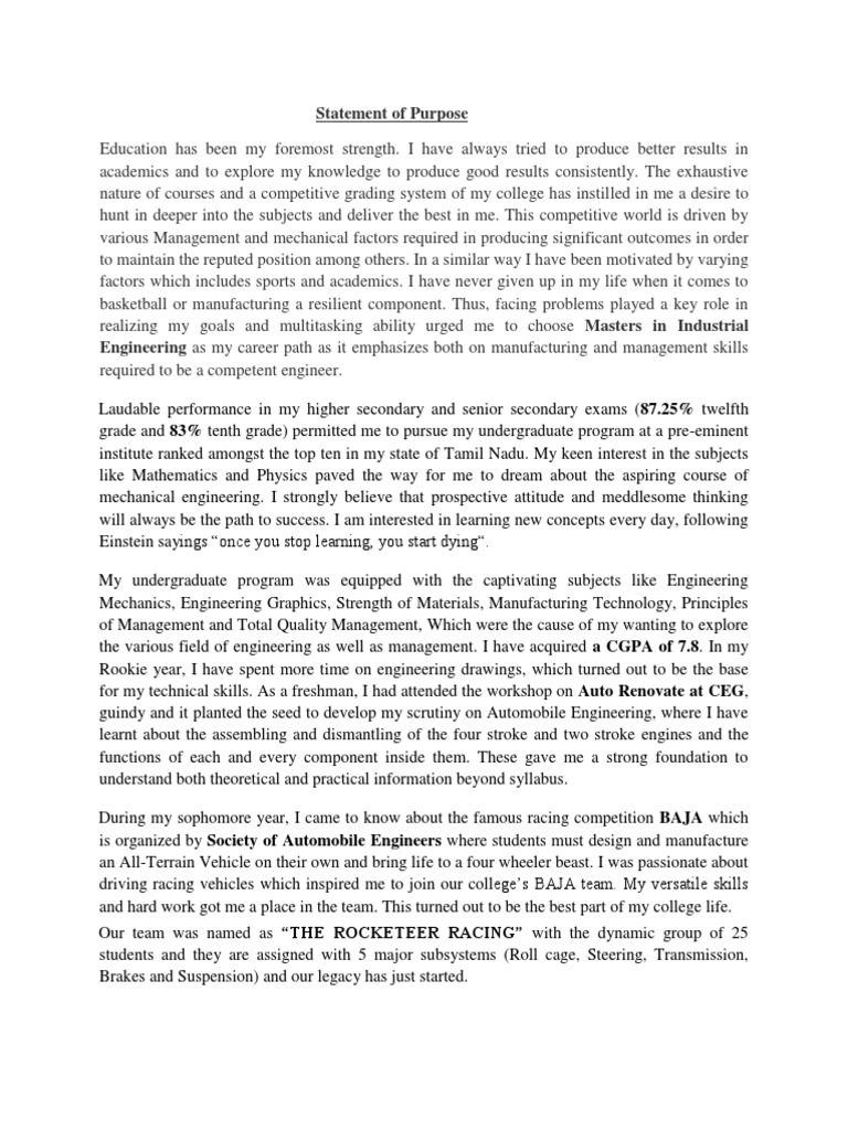 SOP for Visa Sample | Industrial Engineering | Engineering