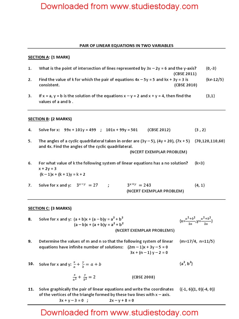 Class 10 Pair of Linear Equations | PDF | Equations | System Of Linear ...