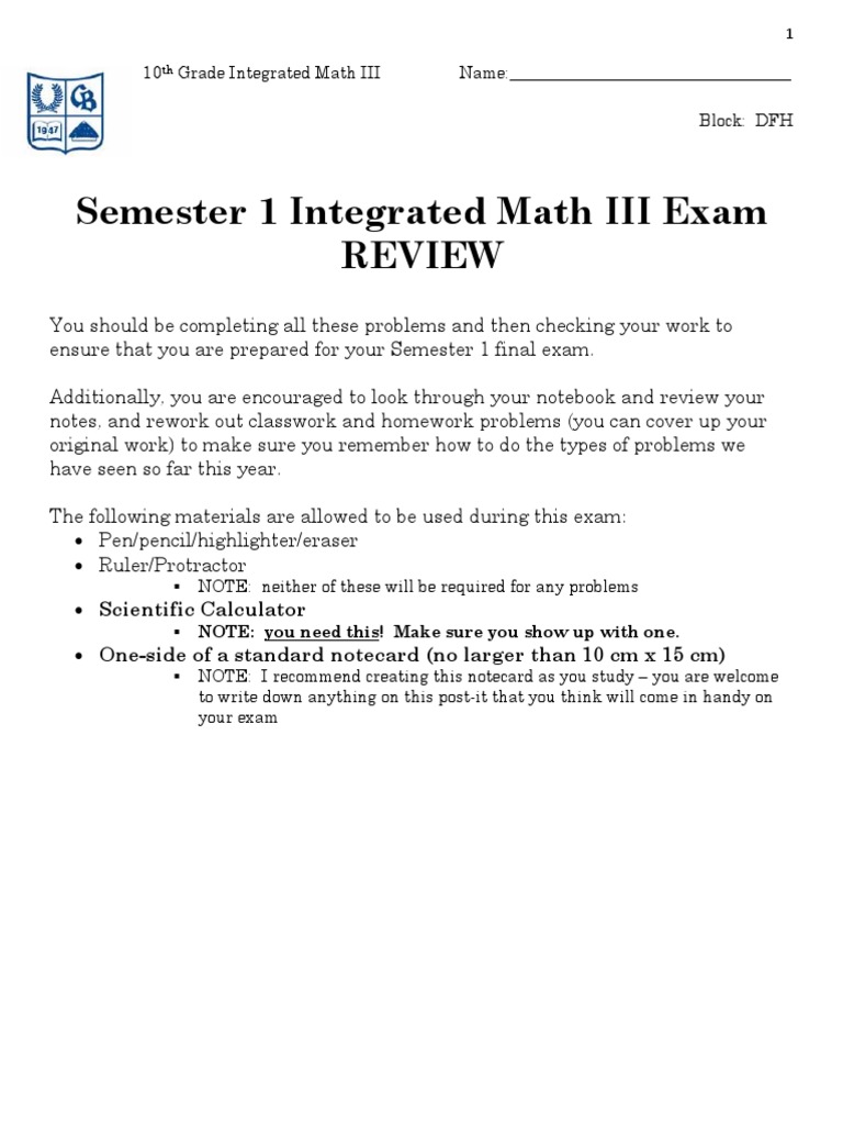 Semester 1 Integrated Math III Exam Review | PDF | Mathematical Proof ...