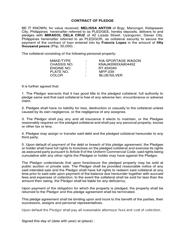 Contract of Pledge Foreclosure Private Law