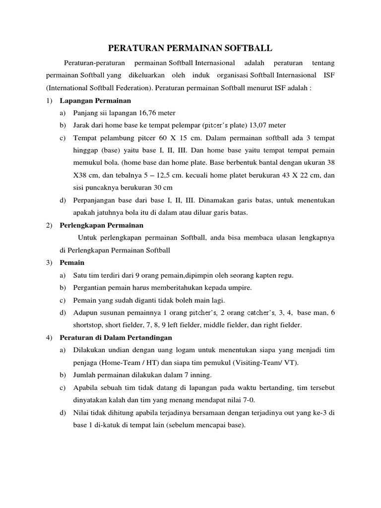 Peraturan Permainan Softball