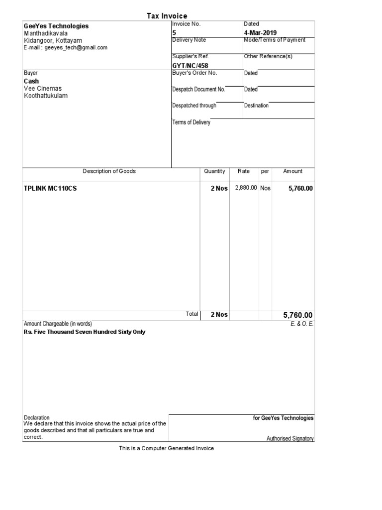 Tax Invoice for TPLINK MC110CS Purchase | PDF