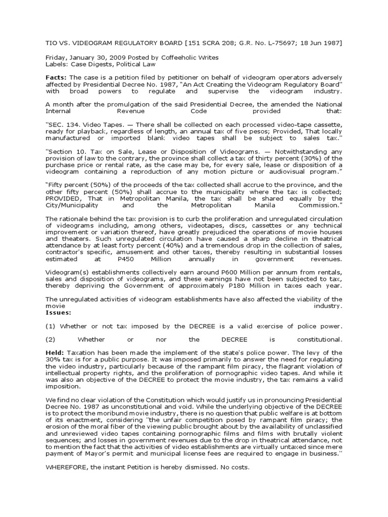 TIO VS. VIDEOGRAM REGULATORY BOARD Digest | PDF | Videotape | Copyright ...